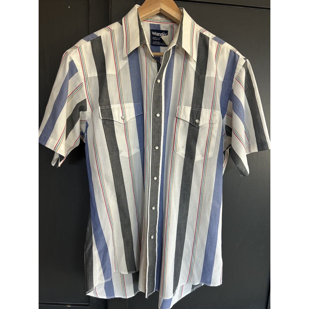 Vintage Wrangler Shirt Mens 16.5 Large Striped Short Sleeve X-Long Tails 90s
